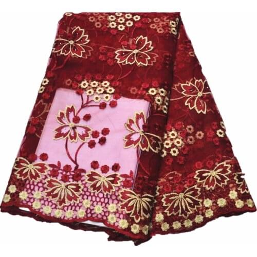 5yards/pcs) Wine color African tulle lace fabric with embroidery and stones latest French net lace for dress wholesale price