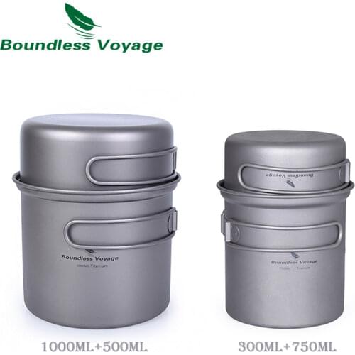 Boundless Voyage Titanium Pot Pan Set Camping Cookware Outdoor Lightweight Cooking Utensils with Folding Handle for 1-2 Person
