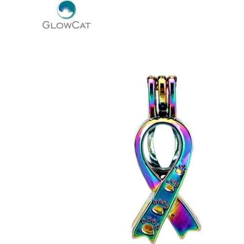 C646 5pcs/lot Rainbow Color Ribbon Cat Paw Pearl Cage Pendant Pearl Locket Fairytale Party