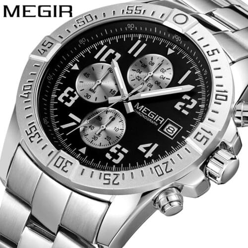MEGIR Date Chronograph Mens Watches Top Luxury Brand Steel Strap Quartz Date Men Male Watch Military Army Sport Clock Box 2030