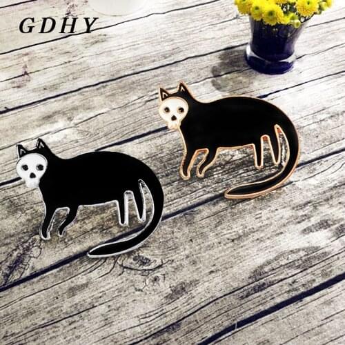 GDHY Skeleton Black Cat Brooch Black Cat Skull Face Brooches Enamel Pin Backpack Shirt Collar Lapel Pin Badges Jewelry Gifts
