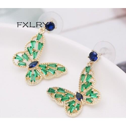 FXLRY Romantic Openwork Pink /green Zircon Butterfly Temperament dangler Earrings For Women Jewelry