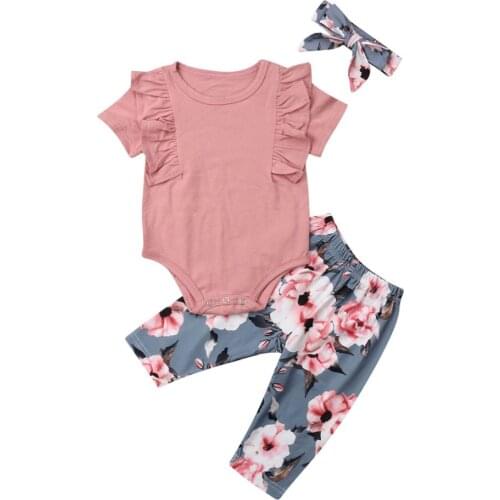 Kids Baby Girls Set Long Sleeve Ruffles Romper Top+Floral Pants+Headband 3PCS Outfit Toddler Clothes Suit 0-4Y