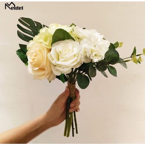 Meldel Bride Wedding Bouquet Bridesmaid Rose Hydrangea Bouquet Artificial Silk Flower Tropical Palm Leaves Home Wedding Supplies