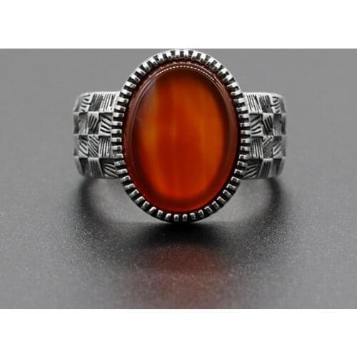 New 925 Sterling Silver Men Ring with Big Red Natural Onyx Stone Vintage Thai Silver Ring for Man Women Turkish Jewelry