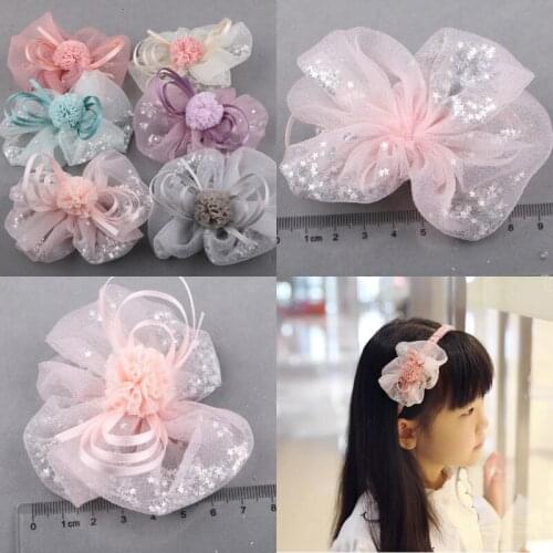 2018 New gauze bow with shining star button Fashion south korea bow for Diy Hairband decoration kids hair clip accessories