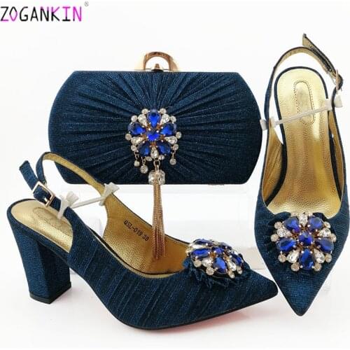 2020 Special Spring Latest Fashion Italian Women Matching African Sandals and Bag Set Comfortable Heels with Crystal