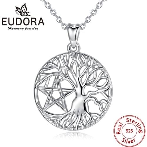 EUDORA 100% 925 Sterling Silver Celtics Knot Tree of life Pendant Necklaces with Star Charming Jewelry For Women Best Gift D418