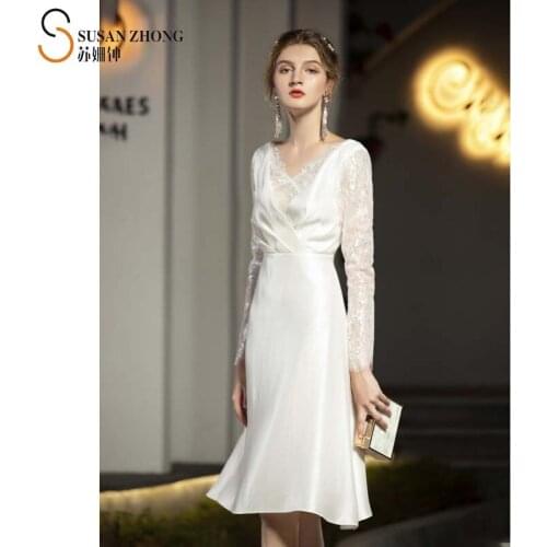 Women Dress Party Female One-Piece 2021 Spring Summer New Elegant Romantic Sexy Fit-Flare V-Neck Long Sleeve Lace Zipper Satin