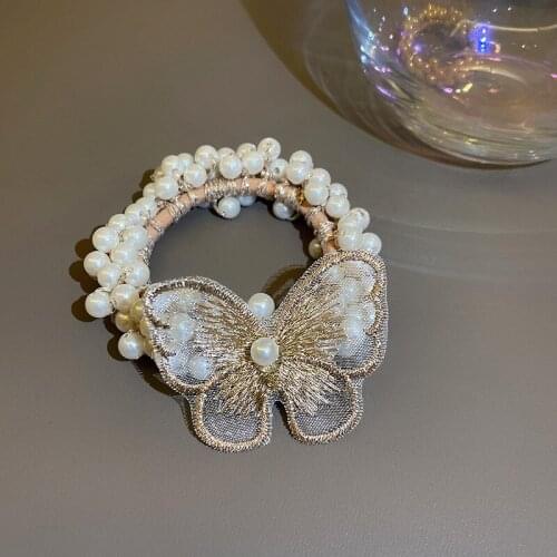 Bohemian Lace Butterfly Elastic Hair Band Hairband Handmade Embroidery Pearl Silk Butterfly Wings Hair Ties Head Ropes Wholesale