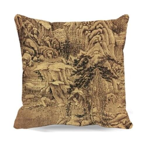 Magnificent mountains and rivers Chinese ink painting Soft Cotton polyester Square Pillow case Chair sofa home car decoration