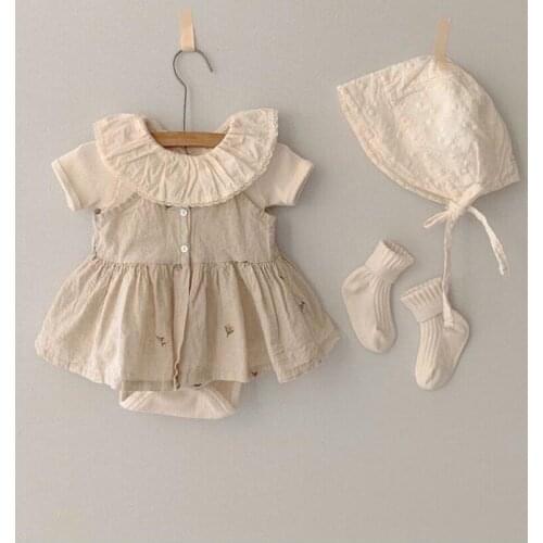 Vintage Flower Embroidery Baby Girls Romper Summer Short Sleeve Lace Petal Collar Jumpsuit for Infant Baby Clothes Toddler Suit