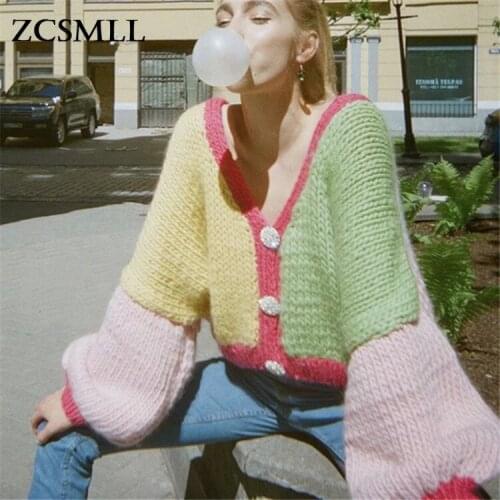 ZCSMLL 2021 Autumn Winter New Fashion All-match Cardigan V Collar Patchwork Color Long Sleeve Knit Sweater Loose Sweater Women