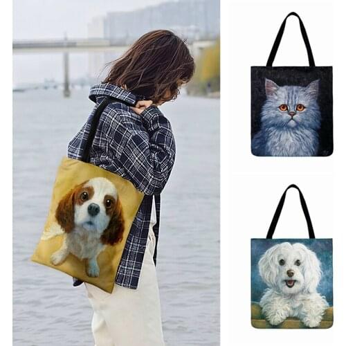 Ladies Shoulder Bag Puppy Kitten Painting Print Tote Bag For Women Casual Tote Outdoor Beach Bags Foldable Shopping Bag Hand Bag