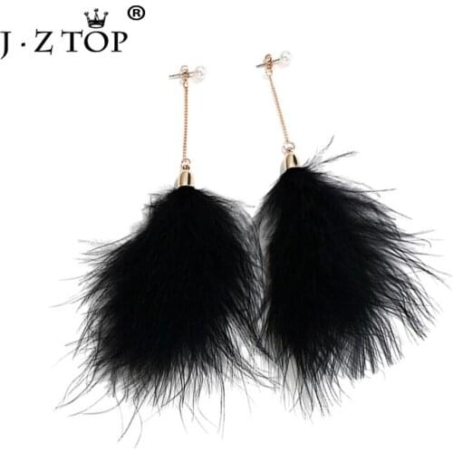 JZTOP Women Black Feather Drop Earrings Fairy Long Imitation Pearl Pendant Earrings Sweet Femme Ear Jewelry