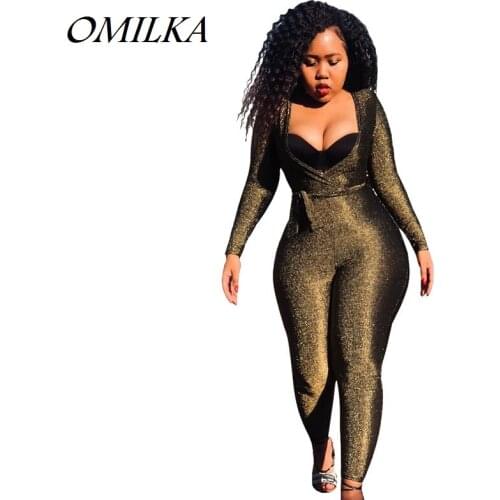 OMILKA 2018 Autumn Winter Women Long Sleeve V Neck Bandage Bodycon Rompers and Jumpsuits Sexy Green Club Party Shiny Overalls