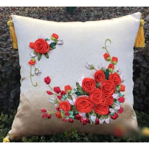 1pcs 40x40cm red rose flower happy tree Ribbon embroidery kit pillow cover set handcraft DIY handmade needlework art home decor