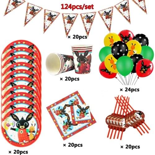 124pcs Red Rabbit Theme Baby Shower Birthday Party Supplies Paper Plates Cups Napkins Tableware Wedding Party Decor Ballons