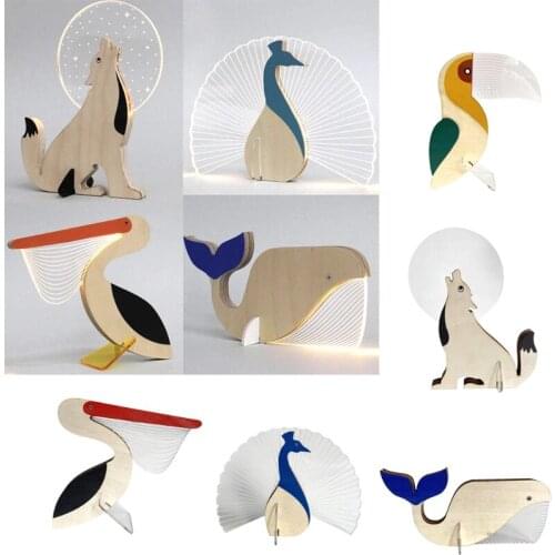 3D Wooden Animals Night Light LED Acrylic Decorative Lights Whale Pelican Night Light Animal Wooden Soothing Decor Lamps