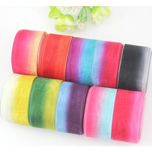 Free shipping rainbow gradient color organza sheer ribbon 25mm 25 yards gift wrapping wedding decoration DIY hair bow ribbons