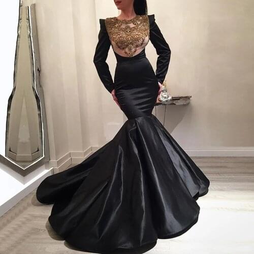 Black Muslim Evening Dresses Mermaid Long Sleeves Appliques Beaded Dubai Saudi Arabic Long Evening Gown Prom Dress