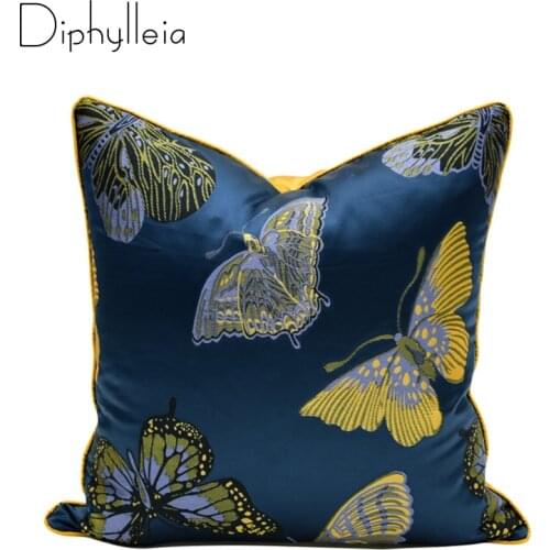 Diphylleia New Modern Silk Cushion Cover Chinese Style Blue Yellow Butterfly Jacquard Living Room Pillowcase Cussin Luxury
