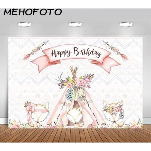 MEHOFOTO Woodland Birthday Backdrop Boho Teepee Tribal Photography Background Fox Woodland Girl Birthday Party Banner Backdrops