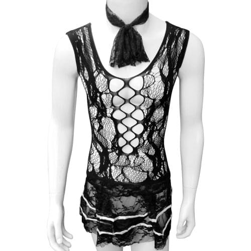 Clubwear Fish net Lace Transparent Sissy Dress Babydoll Sheer with thong High Elastic Erotic Sissy Dress Lingerie Mens Bodysuit
