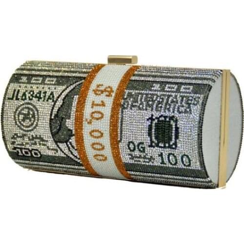 HIGHFOCAL Money Clutch Rhinestone Purse 10000 Dollars Stack of Cash Evening Handbags Party Chains Shoulder Bag G001 DropShipping