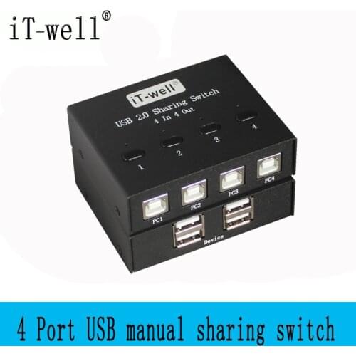 IT-well USB Manual Sharing Switch Selectors KVM Switches 4Ports HUB For Flash Printer keyboard mous P4 PC Share 4 USB device