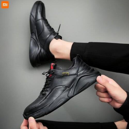 Youpin Spring sports shoes mens leather top layer cowhide breathable all-match casual shoes thick-soled increased mens shoes