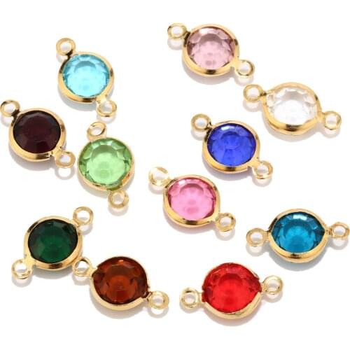 New Design 8.5mm Gold Color Stainless Steel Crystal Birthstones Connector Gem Stone Charm Beads Findings For Jewelry Making DIY