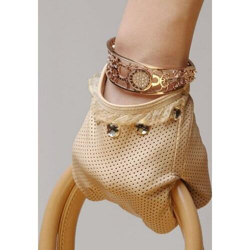 Real Leather Gloves Female Spring Autumn Thin Unlined Driving Genuine Leather Sheepskin Womans Gloves Lace Wrist L006N-1