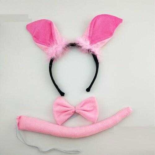 Jungle Zoo Animals Headbands Birthday Party Favor Pink Pig Ears Tail Bowtie Hair Hoop for Kids Adults Christmas Halloween