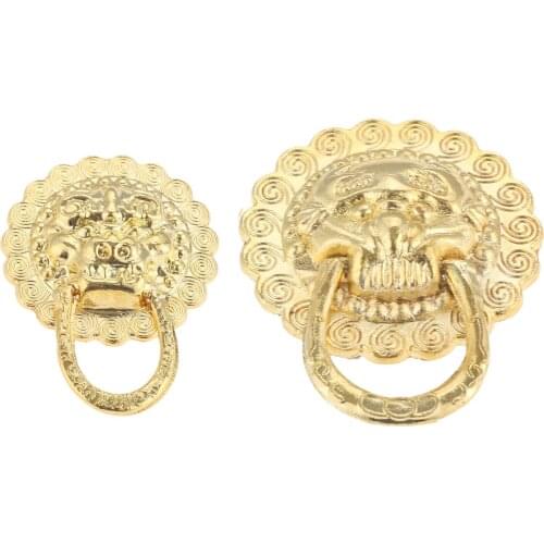 2 Pcs Gold Furniture Handles Pulls Vintage Lion Head Box Cabinet Knobs and Handles Door Cabinet Drawer Pull Knob Ring Zinc Alloy