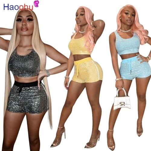 HAOOHU Sexy Sequin Two Piece Set Vest Crop Top Lace Up Side Striped Shorts Tracksuit Outfits for Women Loungewear Matching Sets