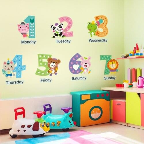 [SHIJUEHEZI] Week Numbers Wall Sticker DIY Cartoon Animal Mural Decals for Kids Room Baby Bedroom Nursery Home Decoration
