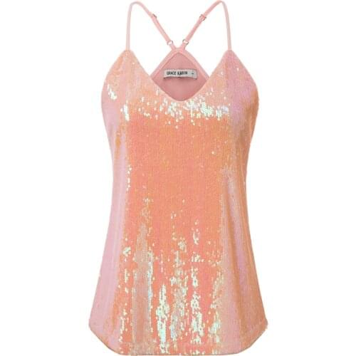 Sexy Womens Camis Summer Tops Clothes Fashion Casual Style Spaghetti Straps V-Neck Sequined Cami Tops Clothing Female Lady
