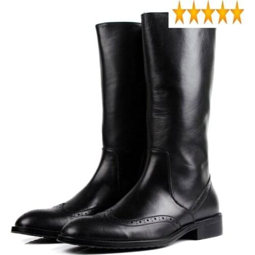 High Italian Knee Winter Mens Motorcycle Riding Brogue Luxury Genuine Leather Military Boots Black Army Shoes Male