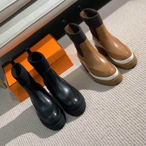 Shoes Women Autumn New Genuine Leather Platform Ankle Boots Lycra Stretch Warm Slip-On Designer Shoes High Heels Botas Femininas