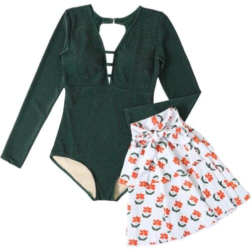 Women Plus Size Long Sleeve One Piece Swimwear with Printed Skirt Swim Bathing Suit Swimming Beachwear Summer Sexy 2021 Swimsuit