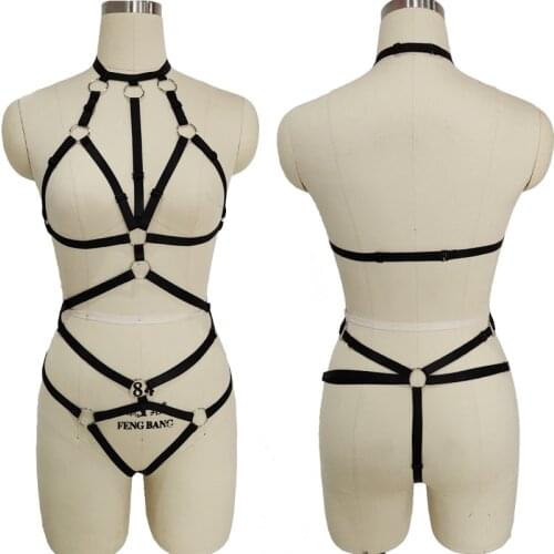 Women Ring Body Harness Set Strappy Sexy Bondage Lingerie Belt Punk Gothic Festival Rave Adjust Tops Neck Cage Bra Fetish T-back