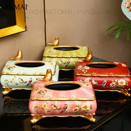 Golden Bird Tissue Boxes Decorative Ceramic Napkin Holder Painted Craft Flowers Tissue Paper Storage Box Living Room Decoration