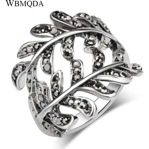 2018 Fashion Black Crystal Leaves Ring Silver Color Layered Rings For Women Vintage Jewelry Party Accessories Drop Shipping