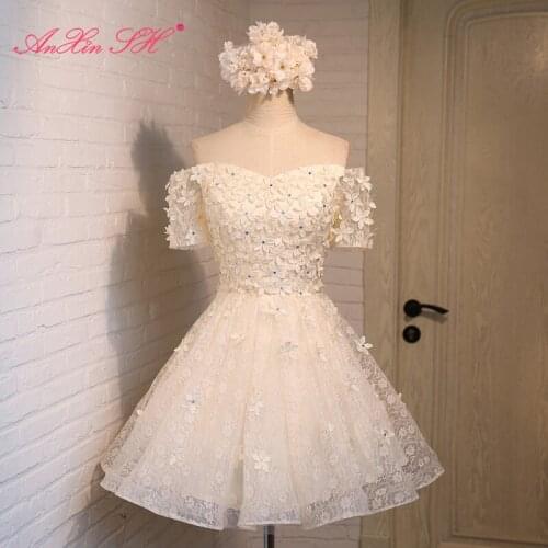 AnXin SH princess grey lace boat neck Bridesmaid Dress champagne lace fashion beading pearls a line pink short Bridesmaid Dress