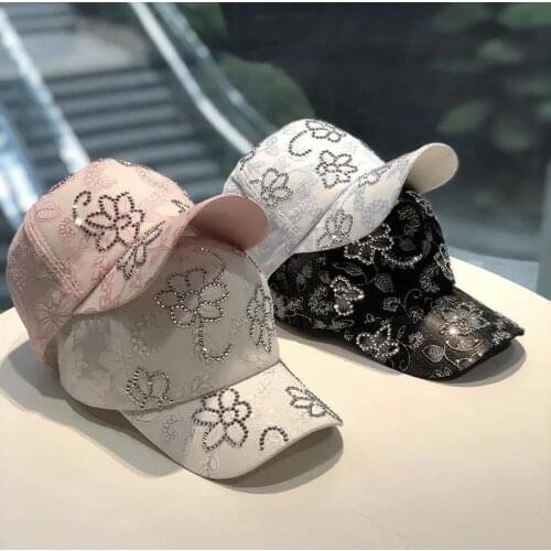 Ladies Lace Baseball Cap Fashion Luxury Rhinestone Embroidery Ethnic Style Leisure Outdoor Sun Hat