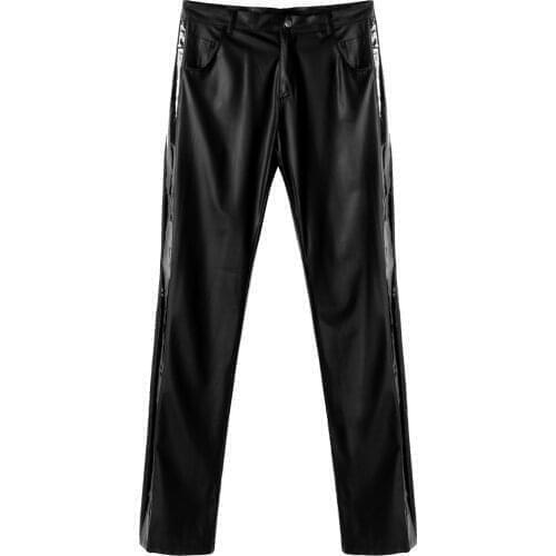 Men Black Long Pants Fashion Wet Look Faux Leather Patchwork Legging Pants Clubwear Motorcycle Mid Waist Trousers with Pockets