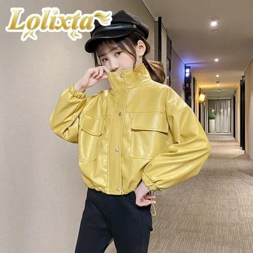 Kids 3-14 years 2020 spring/autumn pu leather cool black jackets for little girls boys streetwear teens juniors children clothes