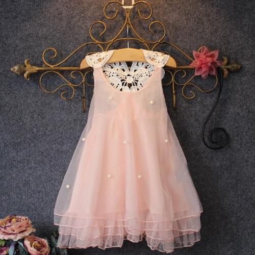 Kids Baby Girls Dress Elegant Fairy Pearl Chiffon Princess Dress Cute Sleeveless Solid Lace Tulle Dress Party Dress 2-7Y