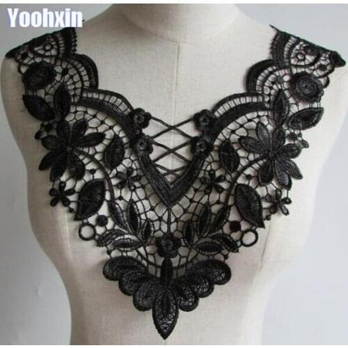 HOT cotton black embroidery 3D flower lace collar Fabric Sewing Applique DIY bridal neckline ribbon trim Guipure wedding decor